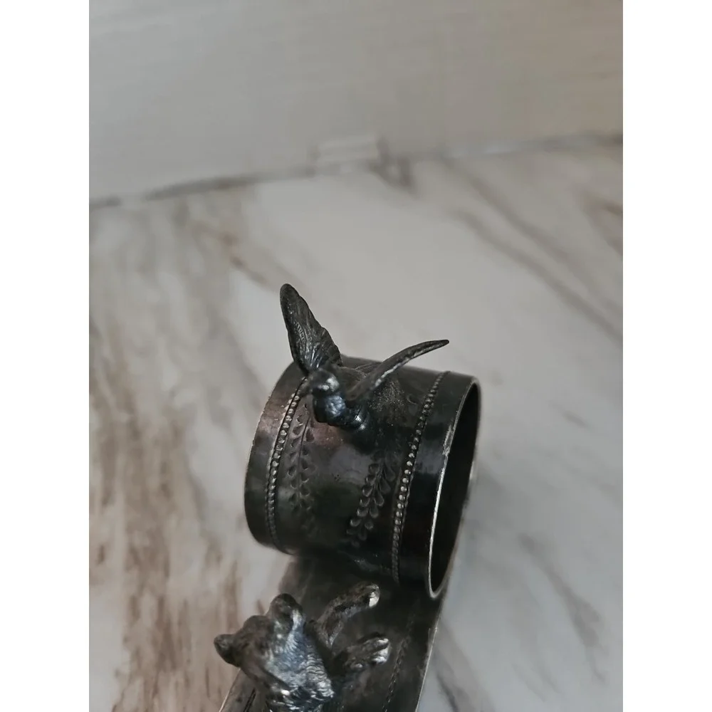 Victorian Silver Plated Figural Napkin Ring w/Dog & Bird - Inscribed Mattie
